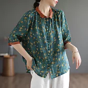 【ACheter】 韓版單排扣大碼上衣印花復古時尚棉麻感寬鬆型襯衫# 121381 L 綠色