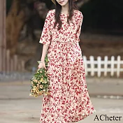 【ACheter】 連衣裙圓領五分短袖仙氣風優雅紅色碎花玫瑰長裙洋裝# 121382 L 紅色