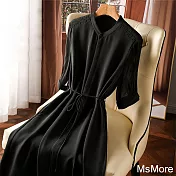 【MsMore】 絲質休閒襯衫式連身裙五分短袖質感收腰黑色長版洋裝# 121581 M 黑色