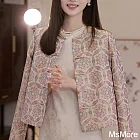 【MsMore】 新中式國風設計感獨特短外套氣質唐裝粉色印花長袖輕薄# 121583 M 粉紅色