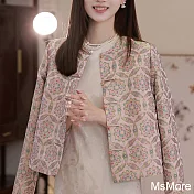 【MsMore】 新中式國風設計感獨特短外套氣質唐裝粉色印花長袖輕薄# 121583 XL 粉紅色