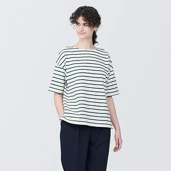 【MUJI 無印良品】女有機棉橫紋船領短袖T恤 S 綠橫紋