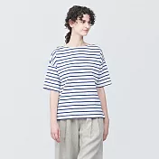 【MUJI 無印良品】女有機棉橫紋船領短袖T恤 L 藍橫紋