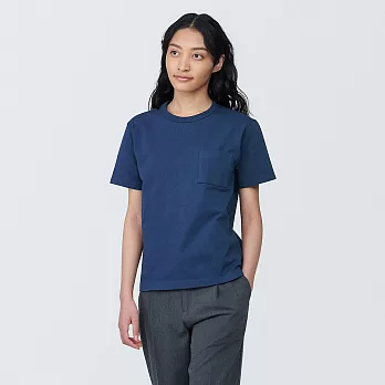 【MUJI 無印良品】女有機棉附口袋圓領短袖T恤 S 深藍