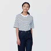 【MUJI 無印良品】女有機棉橫紋圓領短袖T恤 XL 藍橫紋