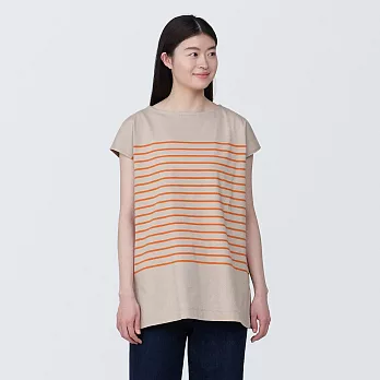 【MUJI 無印良品】女有機棉法式袖長版衫 S 橘橫紋