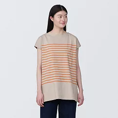 【MUJI 無印良品】女有機棉法式袖長版衫 L 橘橫紋