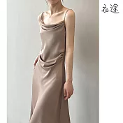【衣途】法式蕩領緞面吊帶連身裙洋裝(KDDY-B971) M 奶咖色
