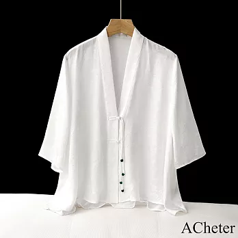 【ACheter】 國風緹花復古開衫新中式寬鬆中袖短版外套# 121391 M 白色
