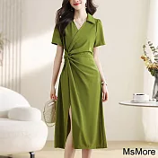 【MsMore】 大碼法式收腰遮肚顯瘦polo領短袖連身裙長版洋裝# 121402 2XL 果綠色