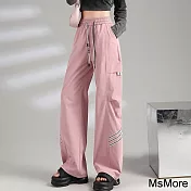 【MsMore】 美式束腳工裝潮酷薄款街舞寬鬆鬆緊高腰直筒休閒運動長褲# 121459 XL 粉紅色