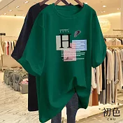 【初色】設計感字母拼色印花短袖T恤上衣-共6色-33123(M-4XL可選) 4XL 綠色