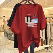【初色】設計感字母拼色印花短袖T恤上衣-共6色-33123(M-4XL可選) 4XL 紅色