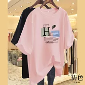 【初色】設計感字母拼色印花短袖T恤上衣-共6色-33123(M-4XL可選) 4XL 粉紅色