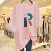 【初色】拼色字母印花中長款短袖T恤上衣-共5色-33132(M-2XL可選) M 粉紅色