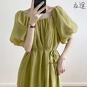 【衣途】法式香榭泡泡袖天絲洋裝(KDDY-80530) M 芥綠