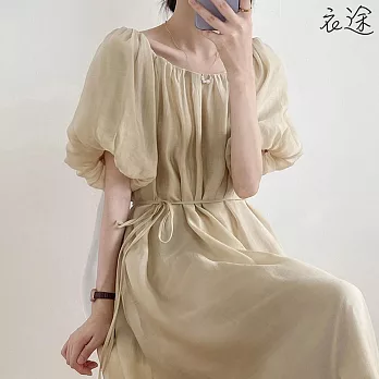 【衣途】法式香榭泡泡袖天絲洋裝(KDDY-80530) M 香檳杏