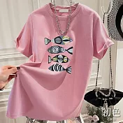 【初色】夏日小魚印花寬鬆圓領短袖T恤上衣-共5色-33119(M-2XL可選) XL 皮粉色