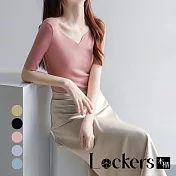 【Lockers 木櫃】法式短袖冰絲夏季V領針織衫 L113041602 XL 水蜜桃粉XL
