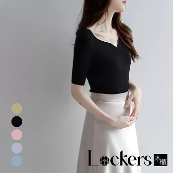 【Lockers 木櫃】法式短袖冰絲夏季V領針織衫 L113041602 M 赫本黑M