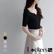 【Lockers 木櫃】法式短袖冰絲夏季V領針織衫 L113041602 XL 赫本黑XL