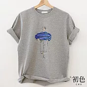 【初色】螺紋圓領時尚人物印花短袖T恤上衣-共3色-33125(M-2XL可選) M 灰色