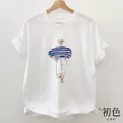【初色】螺紋圓領時尚人物印花短袖T恤上衣-共3色-33125(M-2XL可選) M 白色