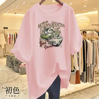 【初色】字母插畫風印花圓領短袖T恤上衣-共8色-33114(M-4XL可選) 4XL 粉紅色