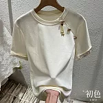【初色】中式斜盤扣純色休閒百搭圓領短袖T恤女上衣-米色-33225(M-2XL可選) M 米色