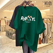 【初色】純棉透氣大碼寬鬆卡通印花休閒百搭圓領短袖T恤上衣-共5色-33204(M-2XL可選) XL 綠色