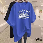 【初色】中大碼圓領撞色城堡印花短袖T恤上衣女上衣-共8色-33198(M-2XL可選) M 藍色