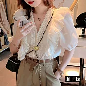 【Jilli~ko】法式蕾絲拼接設計感短袖襯衫 J11771 FREE 白色