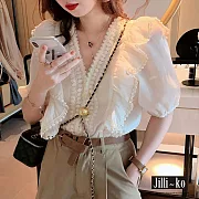 【Jilli~ko】法式蕾絲拼接設計感短袖襯衫 J11771  FREE 白色