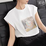 【初色】簡約藝術印花修身寬鬆涼感無袖圓領T恤上衣女上衣-共2色-33611(M-2XL可選) M 白色