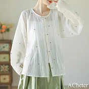 【ACheter】 點點漢服日常天絲刺繡花明圓領對襟直長袖短衫上衣# 120991 M 白色