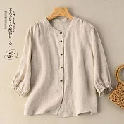 【ACheter】 五分袖圓領襯衫文藝復古棉麻感短版上衣# 121137 XL 米白色