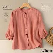 【ACheter】 五分袖圓領襯衫文藝復古棉麻感短版上衣# 121137 M 粉紅色