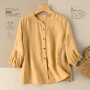 【ACheter】 五分袖圓領襯衫文藝復古棉麻感短版上衣# 121137 XL 黃色