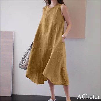 【ACheter】 圓領長裙無袖大碼寬鬆純色長款大擺背心棉麻感連身裙洋裝# 121140 XL 黃色