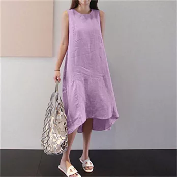 【ACheter】 圓領長裙無袖大碼寬鬆純色長款大擺背心棉麻感連身裙洋裝# 121140 L 紫色