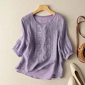 【ACheter】 薄款刺繡上衣文藝復古透氣棉麻感短袖圓領短版上衣# 121143 M 紫色
