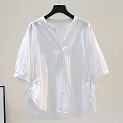 【ACheter】 棉薄款襯衫側開叉前短後長五分袖寬鬆休閒短版上衣# 121160 L 白色