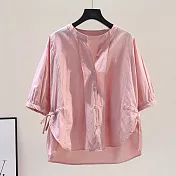 【ACheter】 棉薄款襯衫側開叉前短後長五分袖寬鬆休閒短版上衣# 121160 M 粉紅色