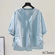 【ACheter】 棉薄款襯衫側開叉前短後長五分袖寬鬆休閒短版上衣# 121160 L 藍色