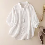 【ACheter】 寬鬆顯瘦燈籠袖上衣時尚洋氣襯衫五分袖棉麻感短版# 121161 M 白色