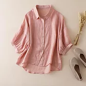 【ACheter】 寬鬆顯瘦燈籠袖上衣時尚洋氣襯衫五分袖棉麻感短版# 121161 L 粉紅色