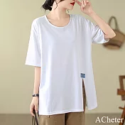 【ACheter】 大碼圓領純色開叉寬鬆棉短袖T恤中長上衣# 121219 L 白色