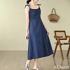 【ACheter】 韓版大碼法式開叉牛仔連身裙長版吊帶裙洋裝# 121229 L 藍色