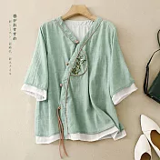 【ACheter】 中國風復古文藝棉麻感系帶漢服薄款茶服V領短版上衣# 121412 M 綠色