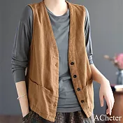 【ACheter】 棉麻感無袖馬甲背心寬鬆通勤純色V領背心短版外罩# 121415 XL 卡其色